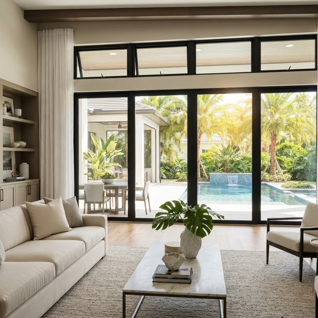 Contemporary black-framed energy-efficient impact windows and sliding doors opening to a pool and palm trees in a modern luxury home