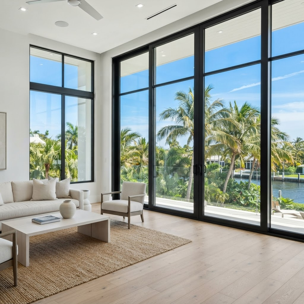 Floor-to-ceiling black-framed hurricane impact windows and sliding doors overlooking a tropical waterfront in a bright luxury Florida living room