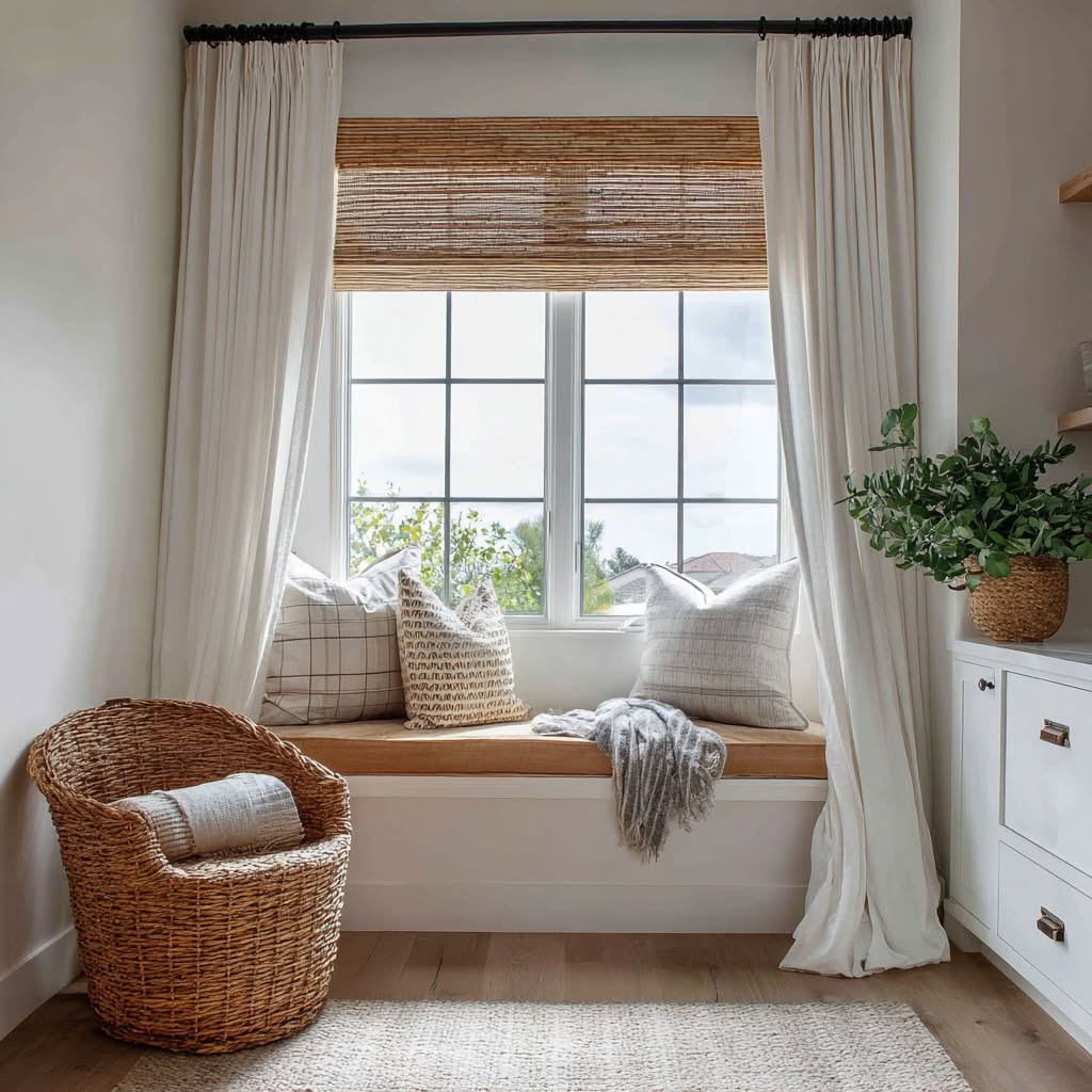 Full-length custom drapery panels and decorative throw pillows framing a cushioned window seat in a serene luxury room