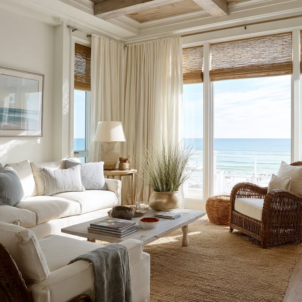 Luxury Sarasota living room with custom white plantation shutters and sheer linen drapery designed by Sarasota Window Blinds