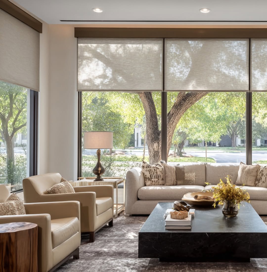 Motorized smart shades with a wall-mounted keypad in a luxury Sarasota living room by Sarasota Window Blinds