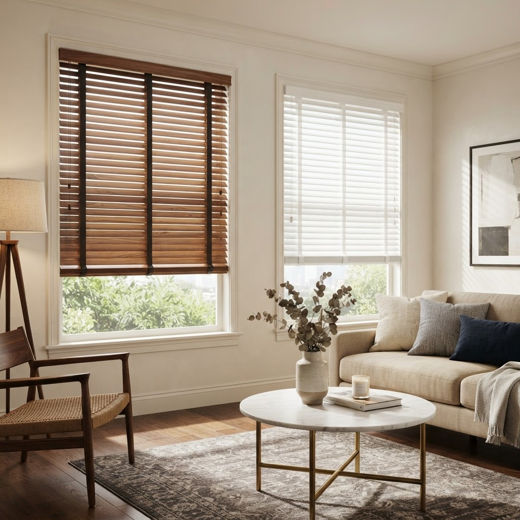 Custom horizontal-slat wood blinds in walnut and white faux wood blinds framing the windows of a contemporary luxury living room