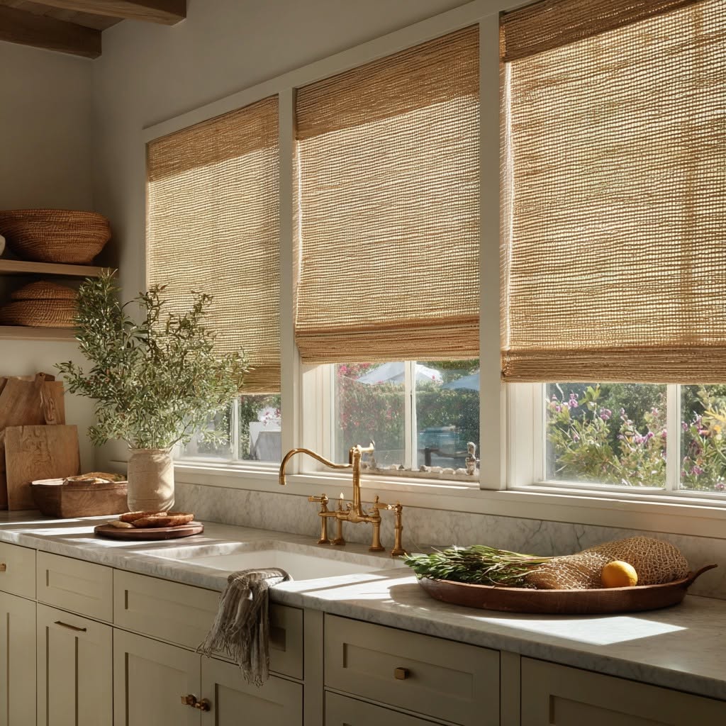 Natural woven wood shades filtering warm sunlight over the windows of a light-filled luxury kitchen