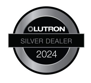 Logo of Sarasota Window Blinds as a Lutron Silver Dealer for 2024. The badge features a black and silver design with the Lutron logo at the center, and 'SILVER DEALER 2024' written across the middle in bold, black text