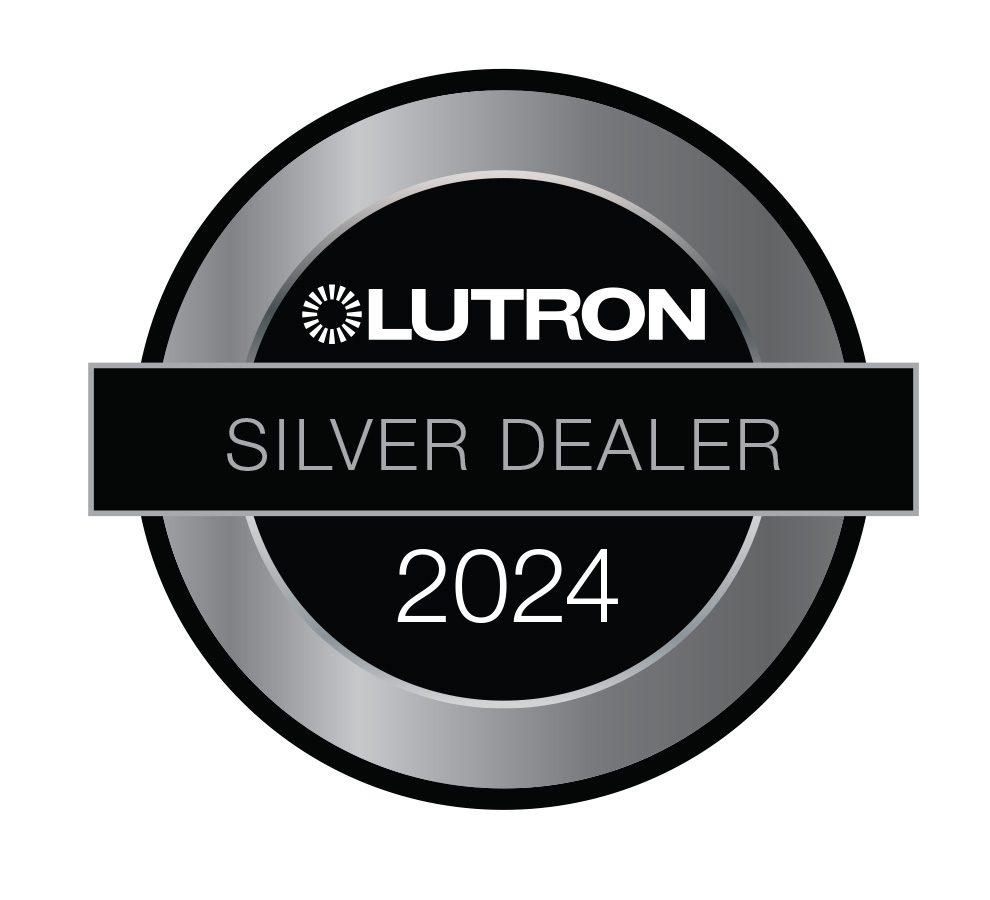 Logo of Sarasota Window Blinds as a Lutron Silver Dealer for 2024. The badge features a black and silver design with the Lutron logo at the center, and 'SILVER DEALER 2024' written across the middle in bold, black text